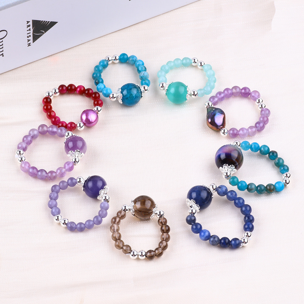 4mm Handmade Gemstone Beaded Ring Adjustable Elastic Rose Quartz Stone Ring For Party Daily Wearing
