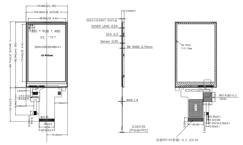 High Brightness 3.5 Inch PCAP TFT Display MCU And SPI Interface 12 O'clock