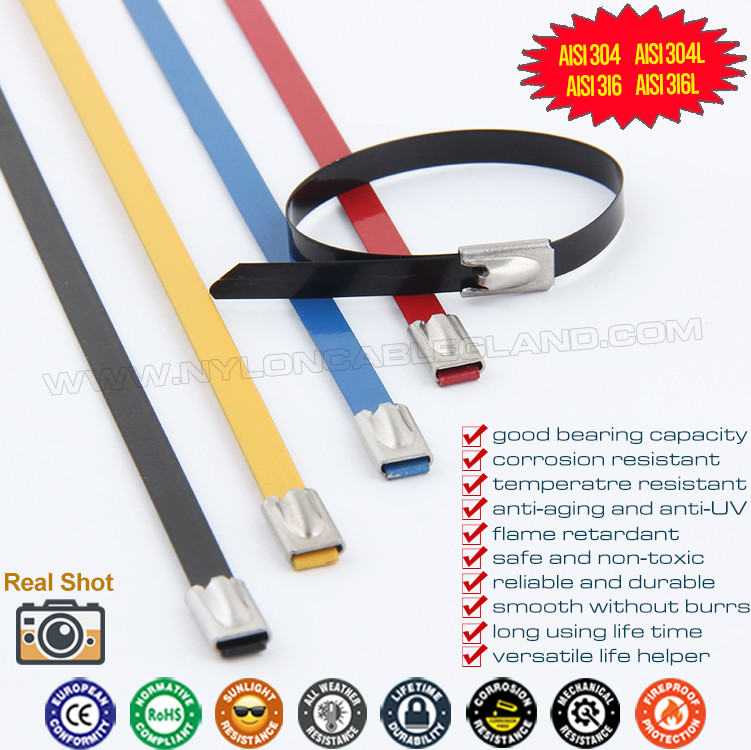 Epoxy Coated Metal Cable Ties, 316L, 316, 304 Polyester Coated Stainless Steel Ball-locking Cable Zip Ties for Outdoor