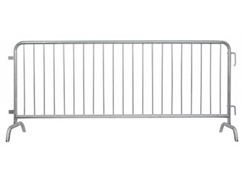 A piece of galvanized crowd control barrier with bridge feet.