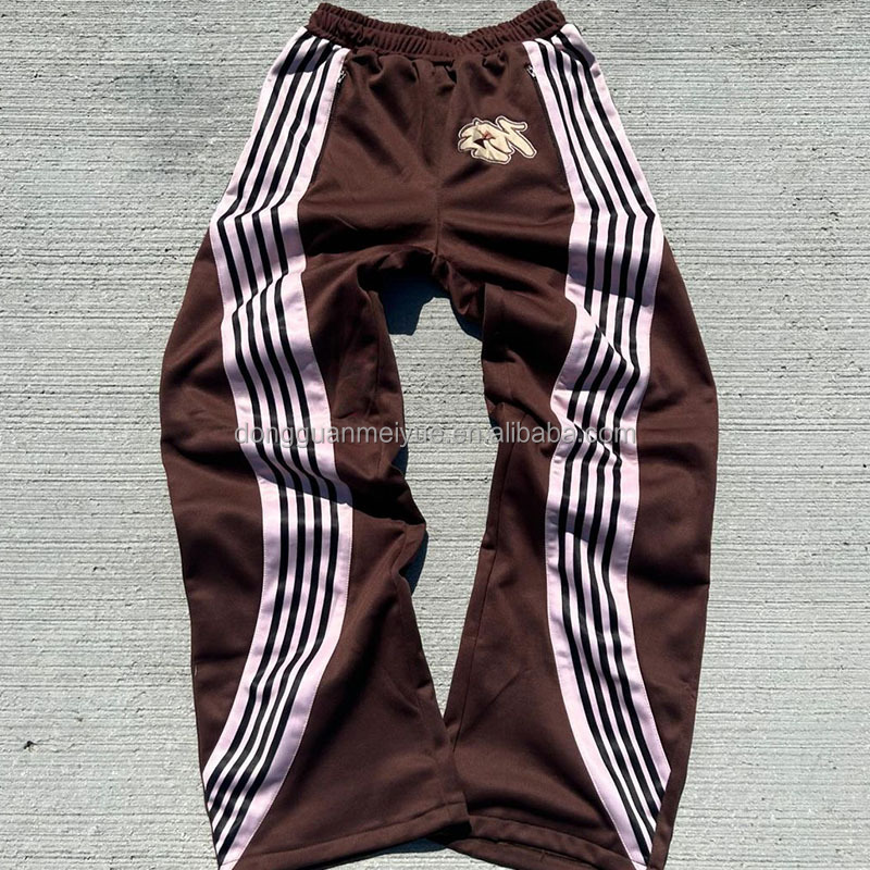 Custom Windbreaker Side Stripe Embroidery Stacked Joggers Nylon Jogger Wide Leg Baggy Pants Sweatpants Flare Sweat Pants Men