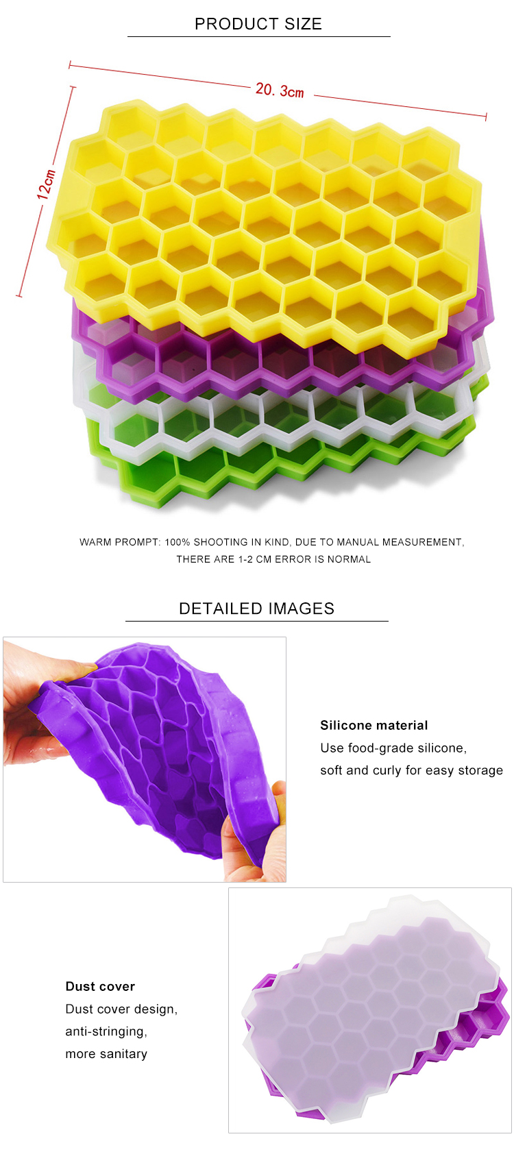 Hexagon Shape Silicone 37pcs Ice Cube Mold With Lid