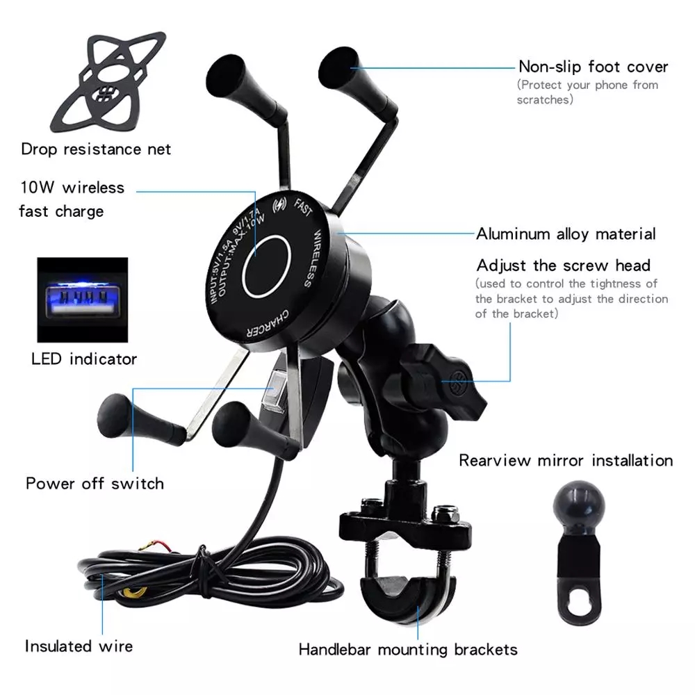3 In 1 Motorcycle Wireless Charger Mount , FCC 5V 1.5A Motorcycle Phone Grip