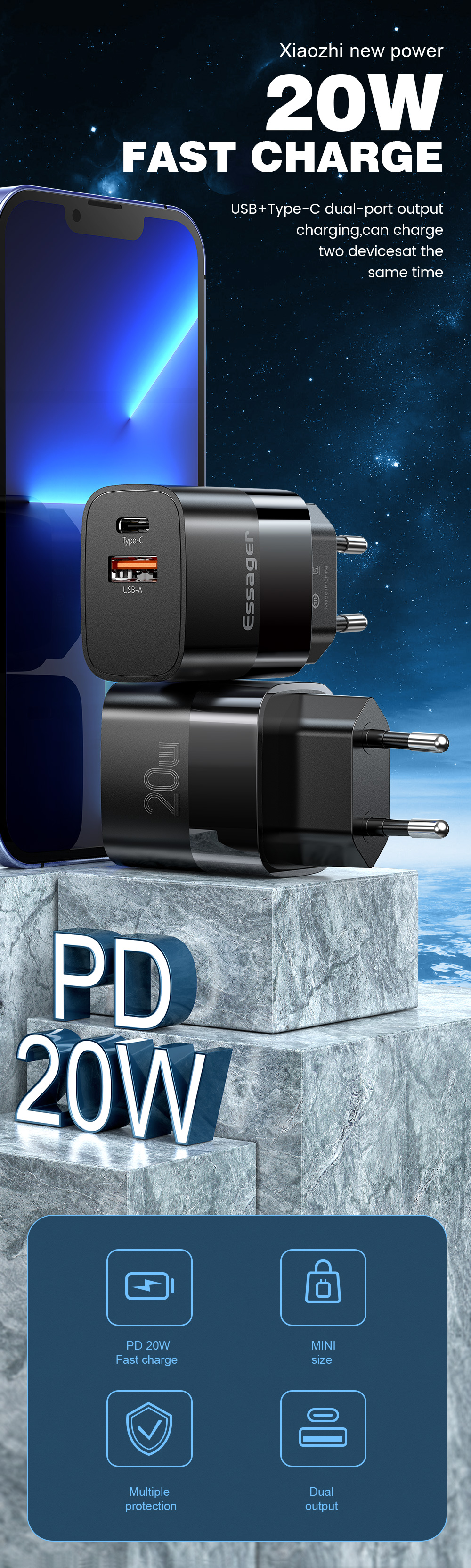 Essager 2021 PD+QC USB Charger 20W Type C Dual Ports USB Wall Charger(Stop Production)