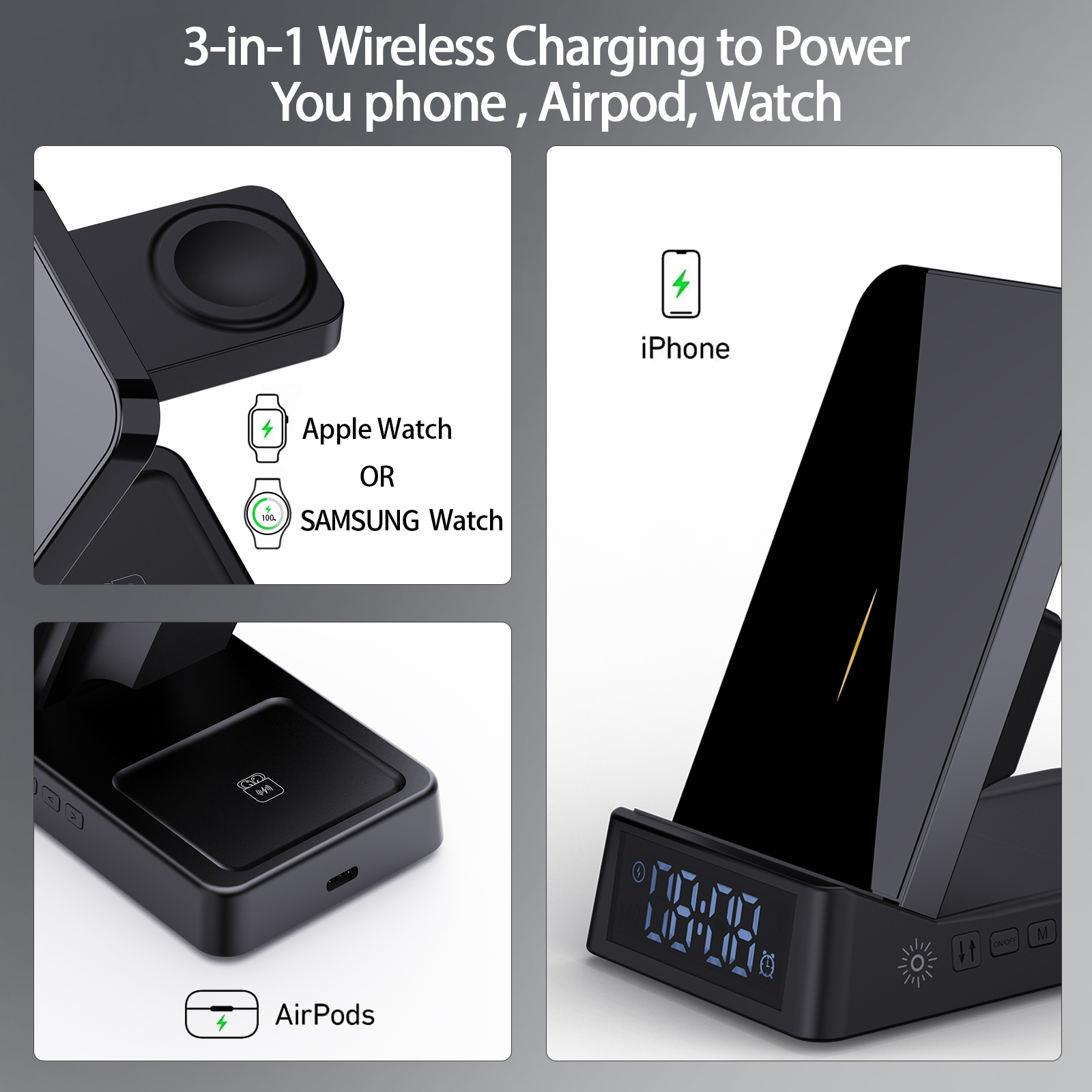 Multifunctional Desktop Portable Wireless Charger Stand With Alarm Clock And Night Light 6 In 1