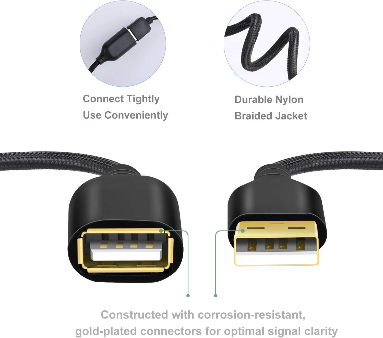 USB 3.0 Extension Straight USB Cable Type A Male To Female Durable Braided Material