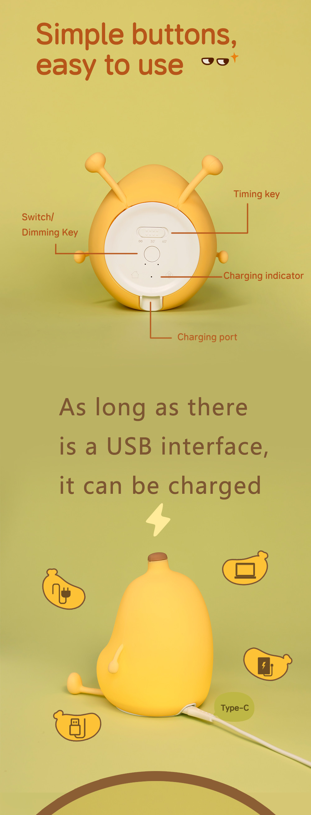 Modern Design Banana Silicone Night Light Cute Rechargeable Dimmable LED Small Desk Lamp for Bedroom and Table Decorations