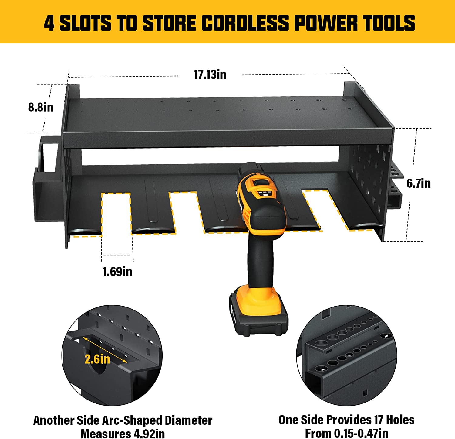 Garage Cordless Power Tool Pegboard Hook Organizer with 2 Shelf Cordless Drill Storage