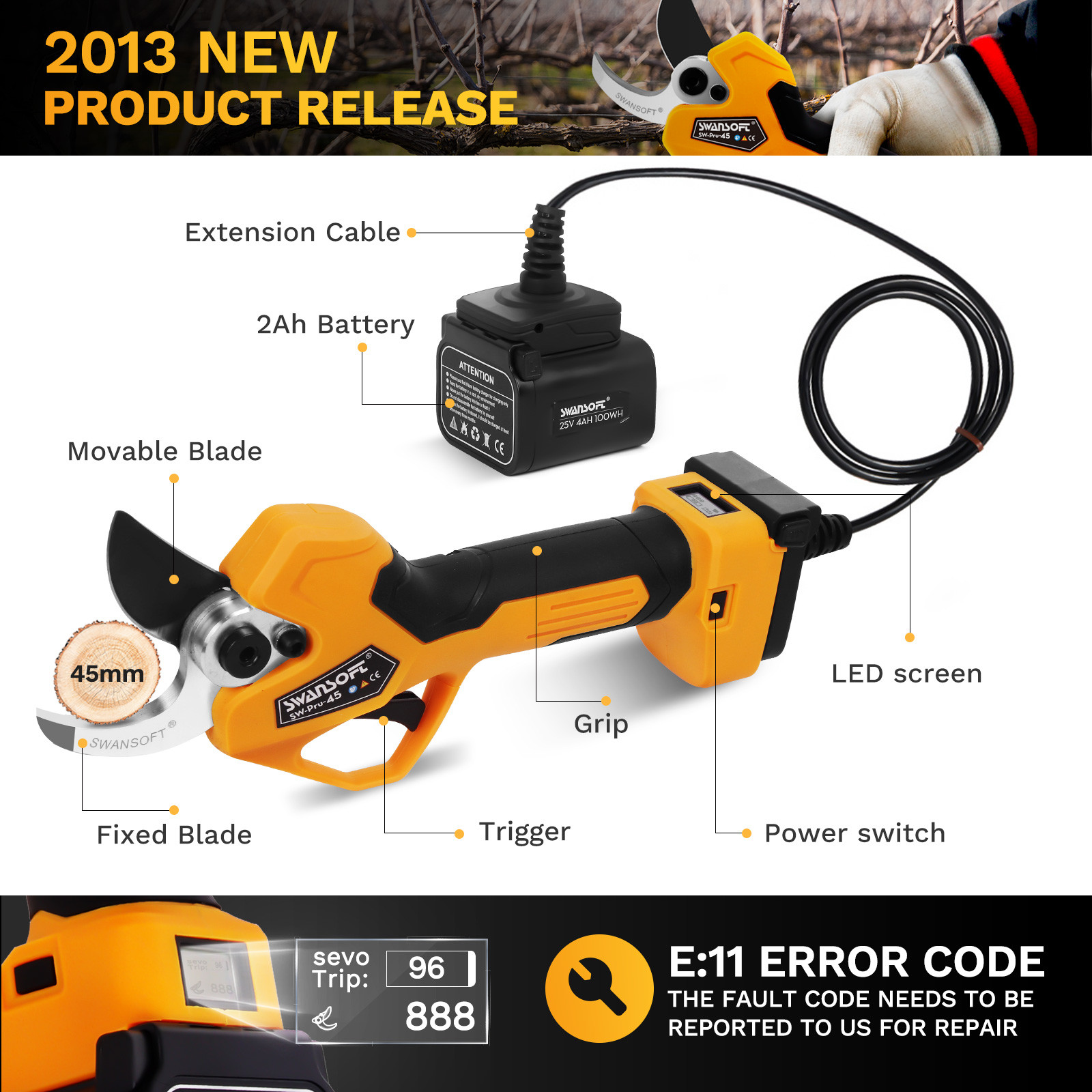 Swansoft Pru45 Cordless Electric Pruner with Progressive Cut and 45mm Cutting Diameter - Perfect for Precision Pruning