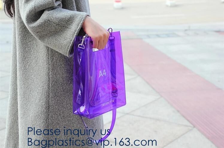 Waterproof All Over Printing PVC Coating Tote Shoulder Fabric Shopping Bag With Gusset And Lining,Jelly Clear Plastic PV