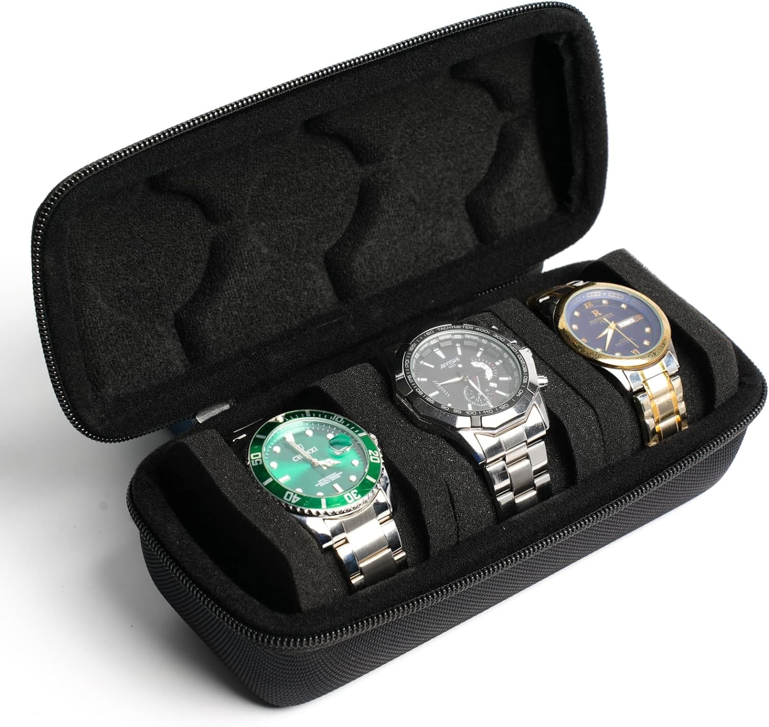 3 watch travel case roll, Hard watch carry case roll display storage holder box with soft foam pillows snug fit all size