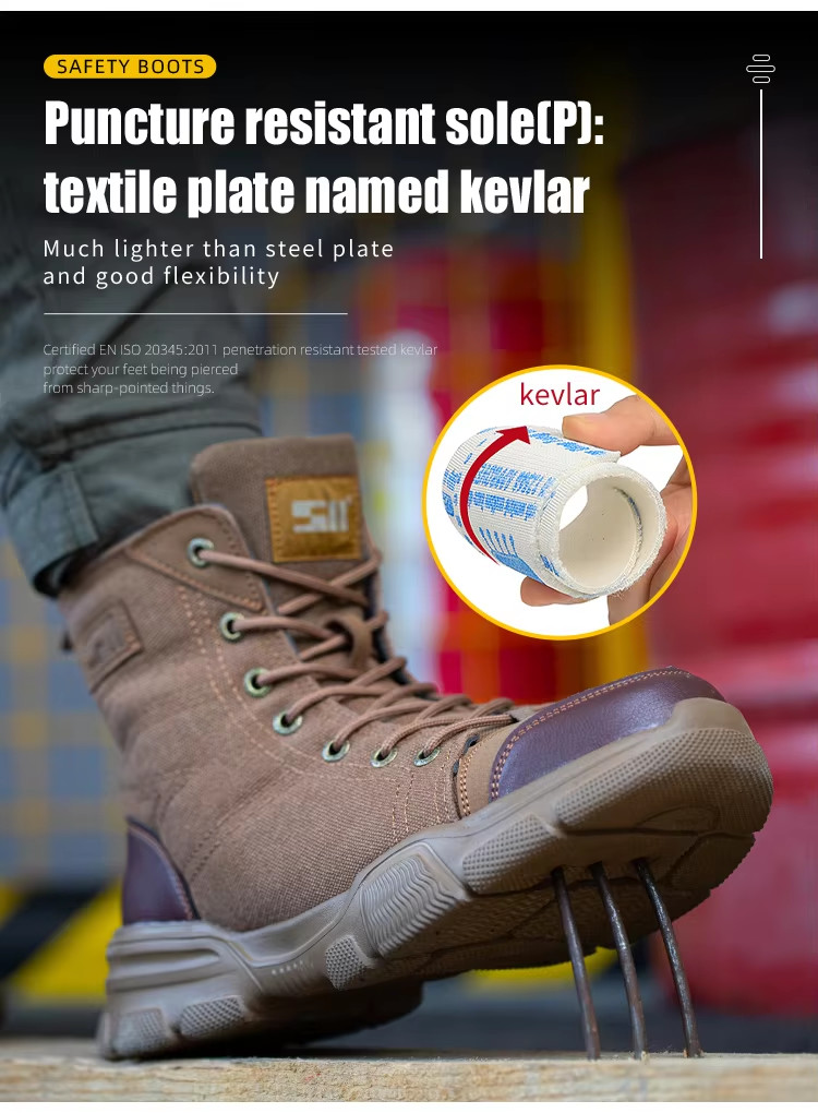 Brown Lightweight Safety Work Boots Breathable Wide Steel Toe Shoes Flexible