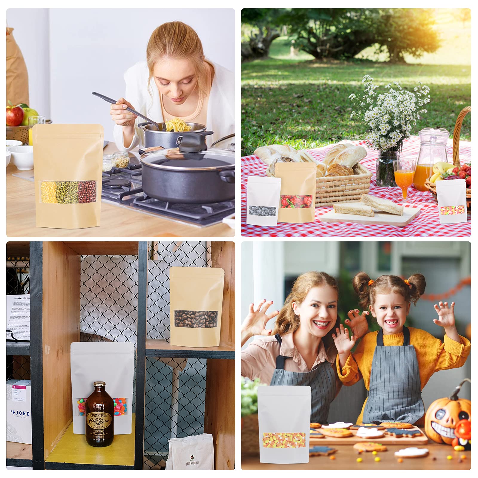 Kraft Paper Bag with Resealable Lock Seal Zipper and Stand Up Design Transparent Window