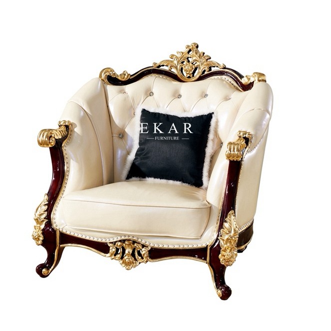 Royal Style Cream Color 6 Seater With Luxury Carving Leather Sofa Set