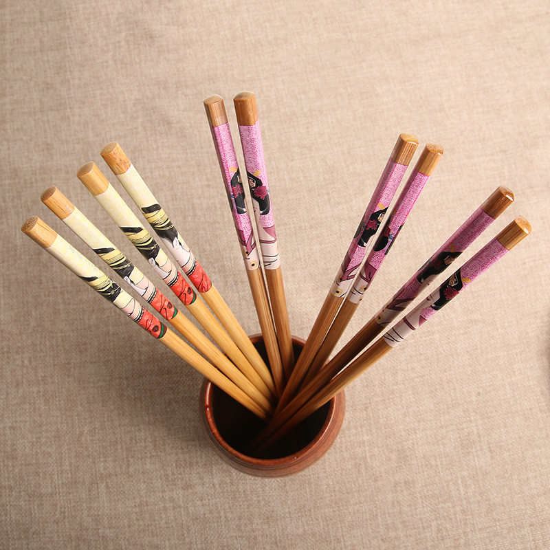 Polishing Flower Pattern Reusable Bamboo Chopsticks Japanese wooden Paper Wrap