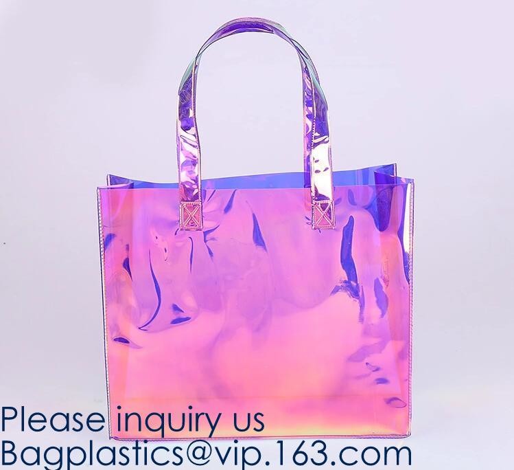 Waterproof All Over Printing PVC Coating Tote Shoulder Fabric Shopping Bag With Gusset And Lining,Jelly Clear Plastic PV