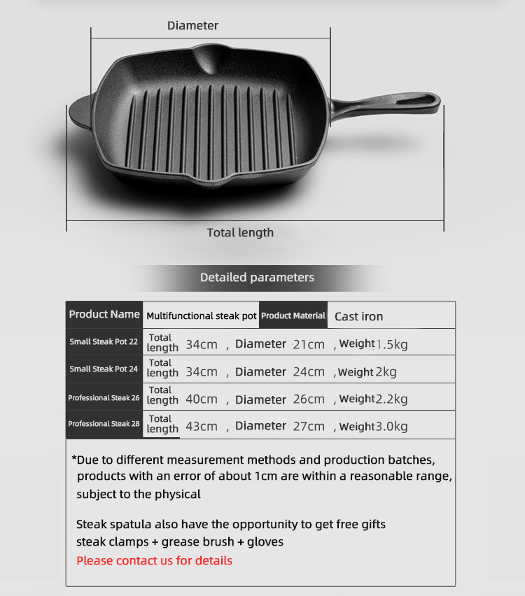 Kitchen Cooking Grill Steak Non Stick Cast Iron With Wooden Handle