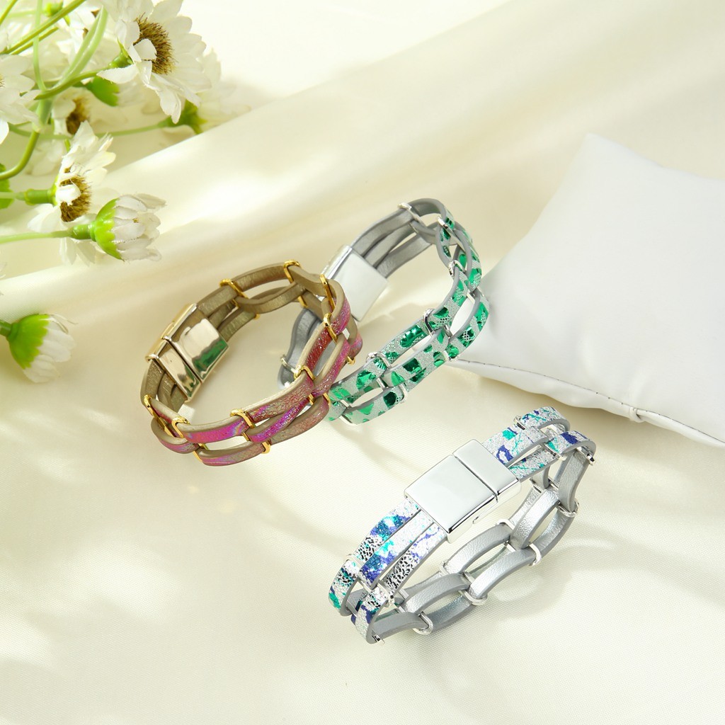 Green Silver Boho 3 Layer Chain Braided Wrap Handmade Leather Bracelets