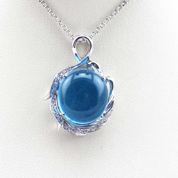 Sterling Silver 14mmx16mm Oval Dome Blue Topaz Cubic Zircon Pendant (PSJ0430)