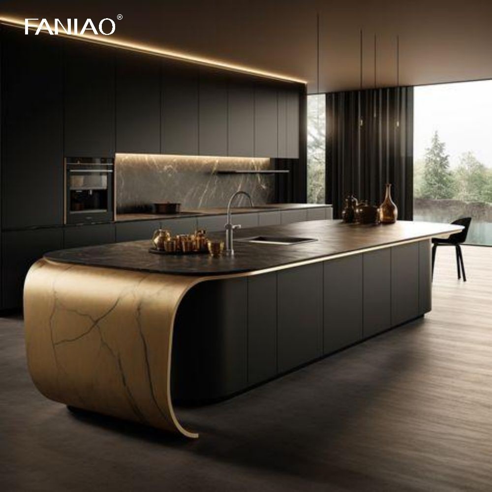 Custom Modern Design Glossy Lacquer Grey Kitchen Cabinets Set With Island