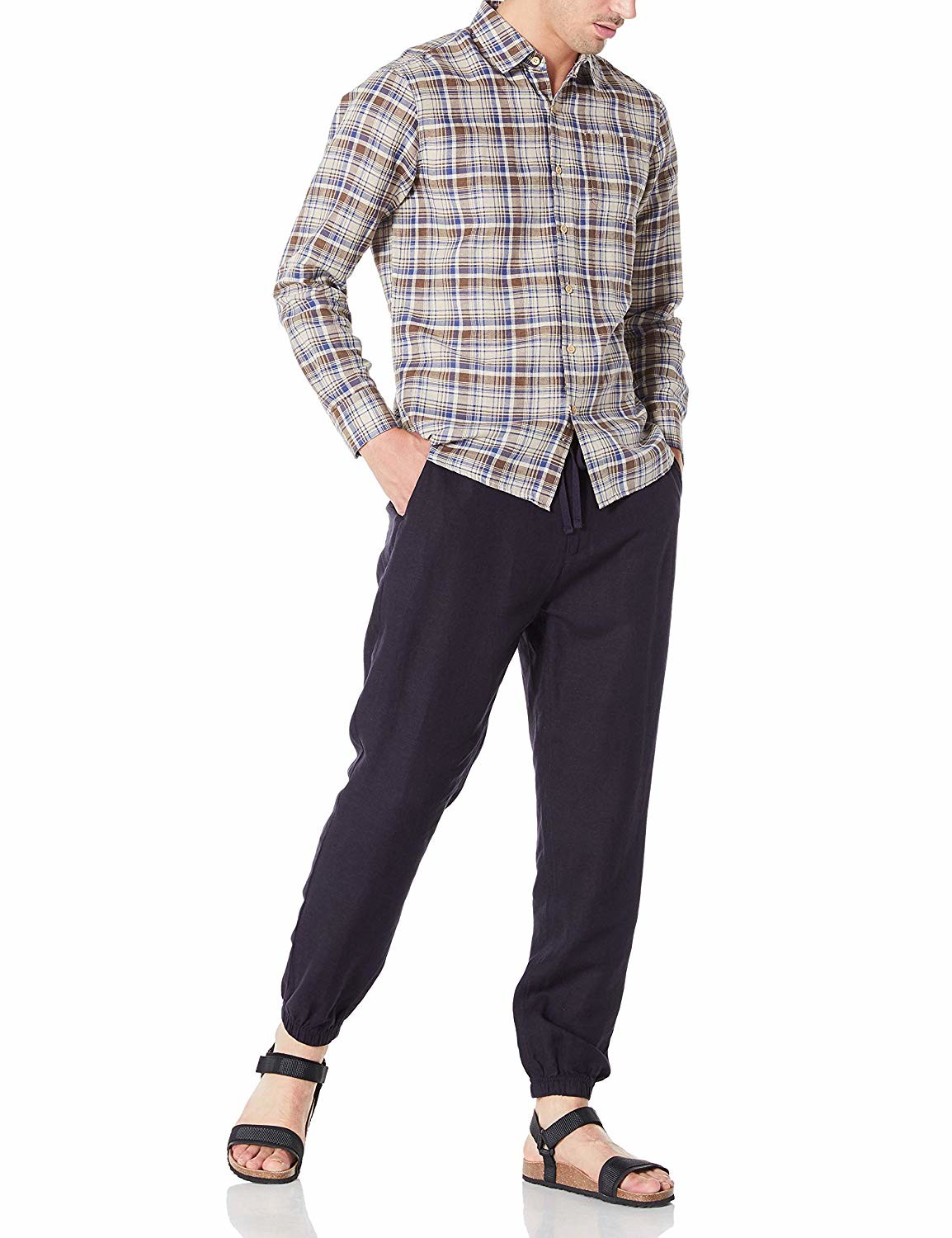 52% Linen Checkered Men'S Casual Plaid Long Sleeve Shirt with Single Side Pocket
