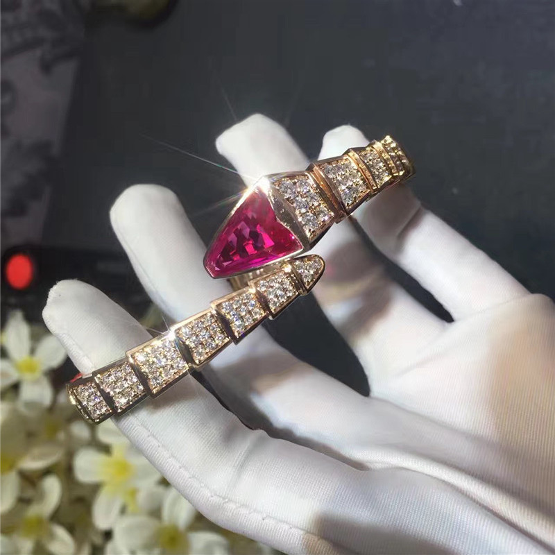 Luxury Jewelry Serpenti Bracelet BR856126 With Rubellite Head , Diamond Bangle Bracelet 18K