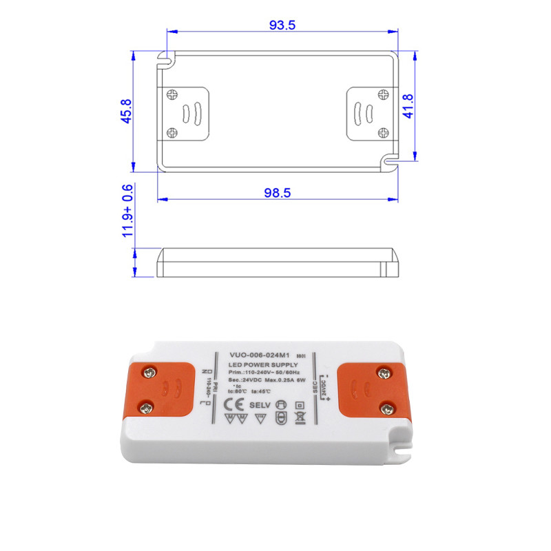 100 - 240v Ultra Thin LED Driver 50 - 60hz 6W Mini 24vdc 0.25a For Indoor Light