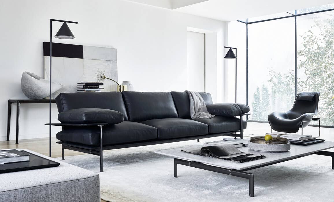 Light Luxury Minimalist Multi-seat Black Hotel Room Leather Sofa With Metal Frame