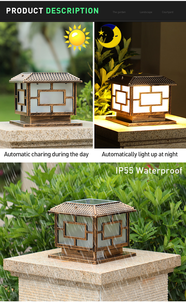 Black Bronze Aluminum Solar Pillar Light Energy Saving Fence Solar Post Cap Lighting