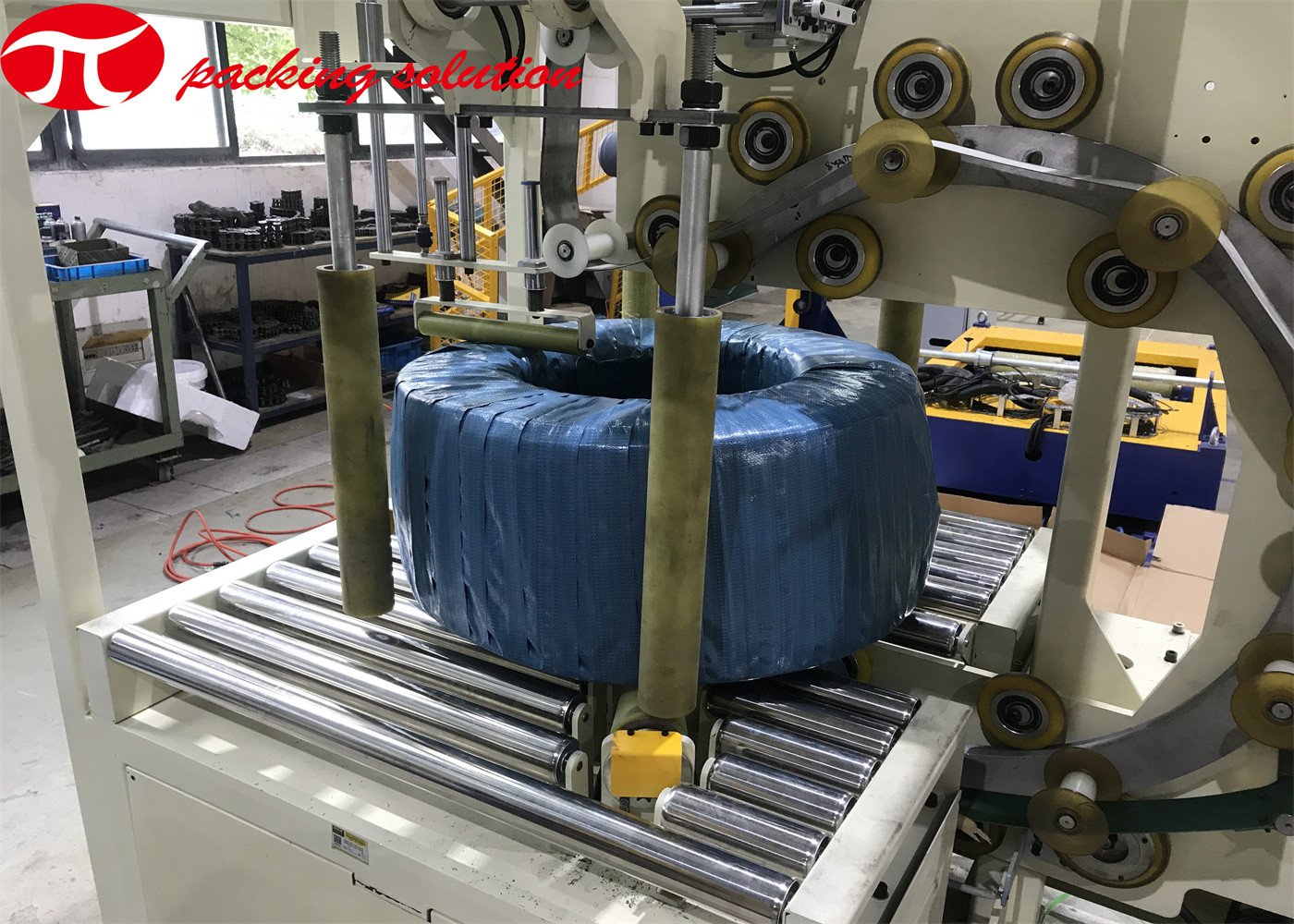Automated PLC Control Vertical Pvc Hose Coil Packing Wrapping Machine4m/Min Roller Speed