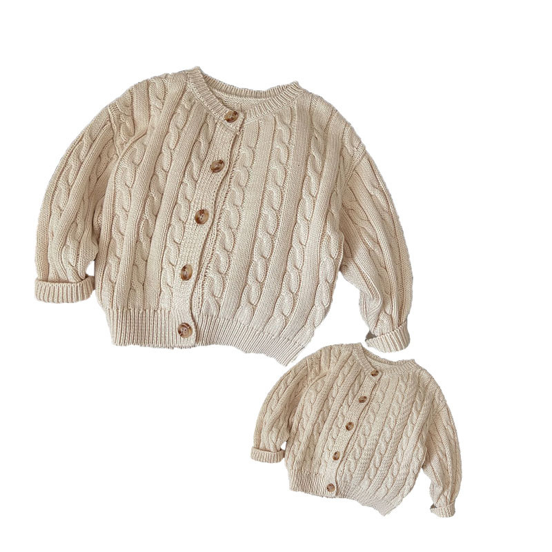 Mommy And Me Chunky Knitted Sweater Cardigan Cotton Thick Winter Hand Knit Button Down Sweater