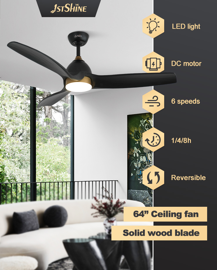 Solid Wood Black Gold Design LED Ceiling Fan 64 Inches for Home Hotel and Office Needs