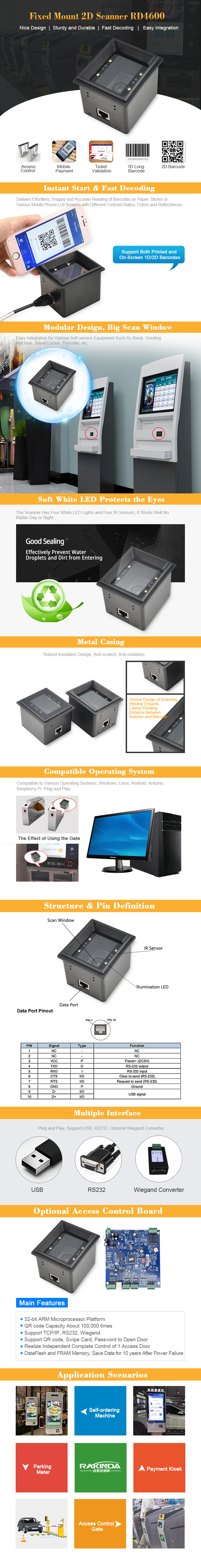 Embedded 2D QR Barcode Scanner Module USB RS232 Interface For Kiosk