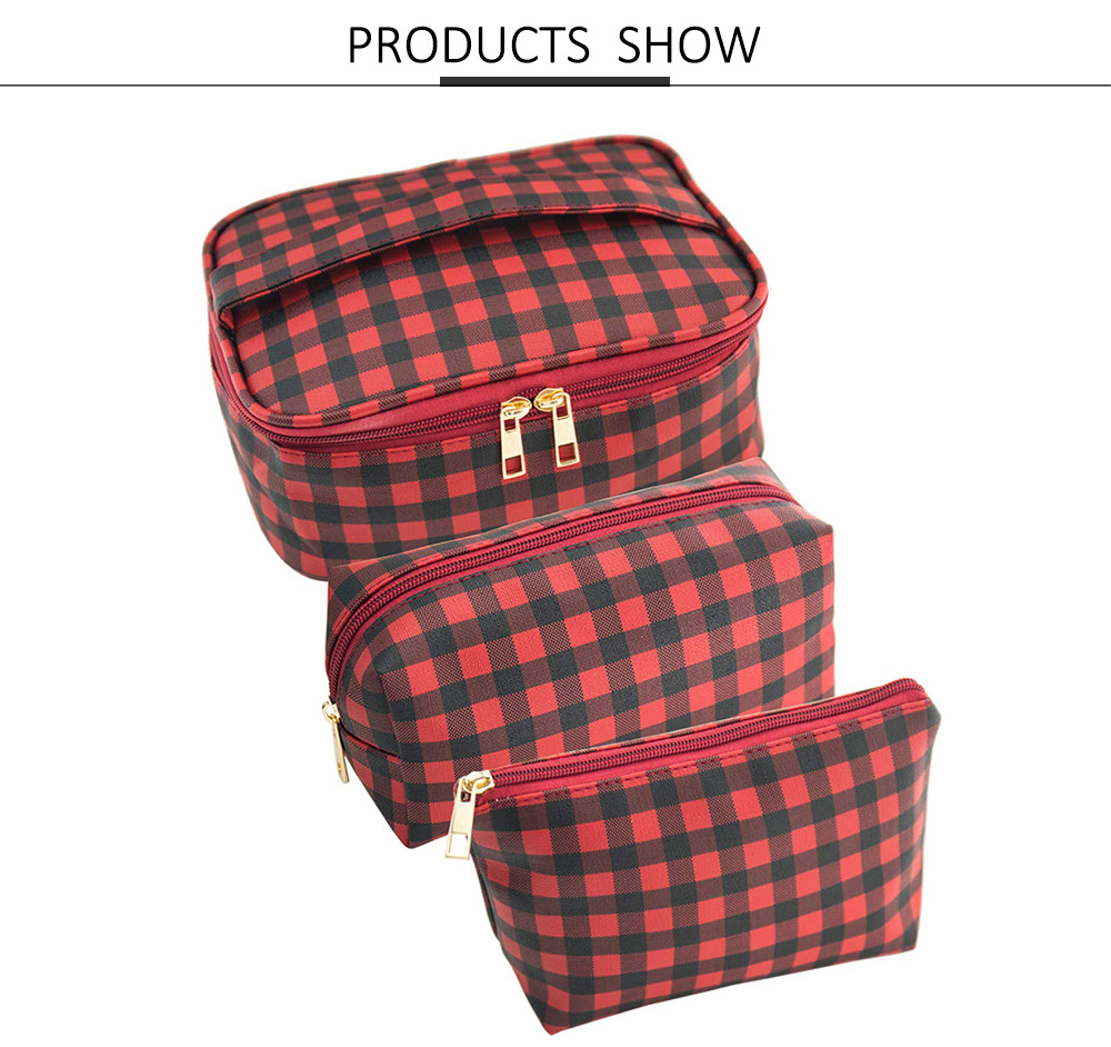 3pcs Red Black Plaid Polyester Cosmetic Bag For Travel