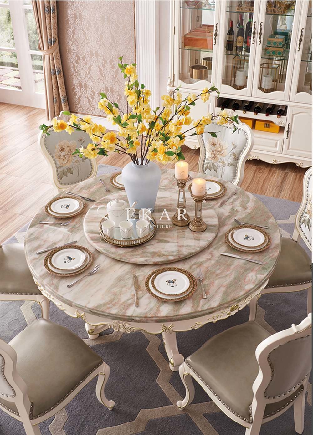 Round Rotating Centre Set 6 Chair Marble Dining Table OY-CT02