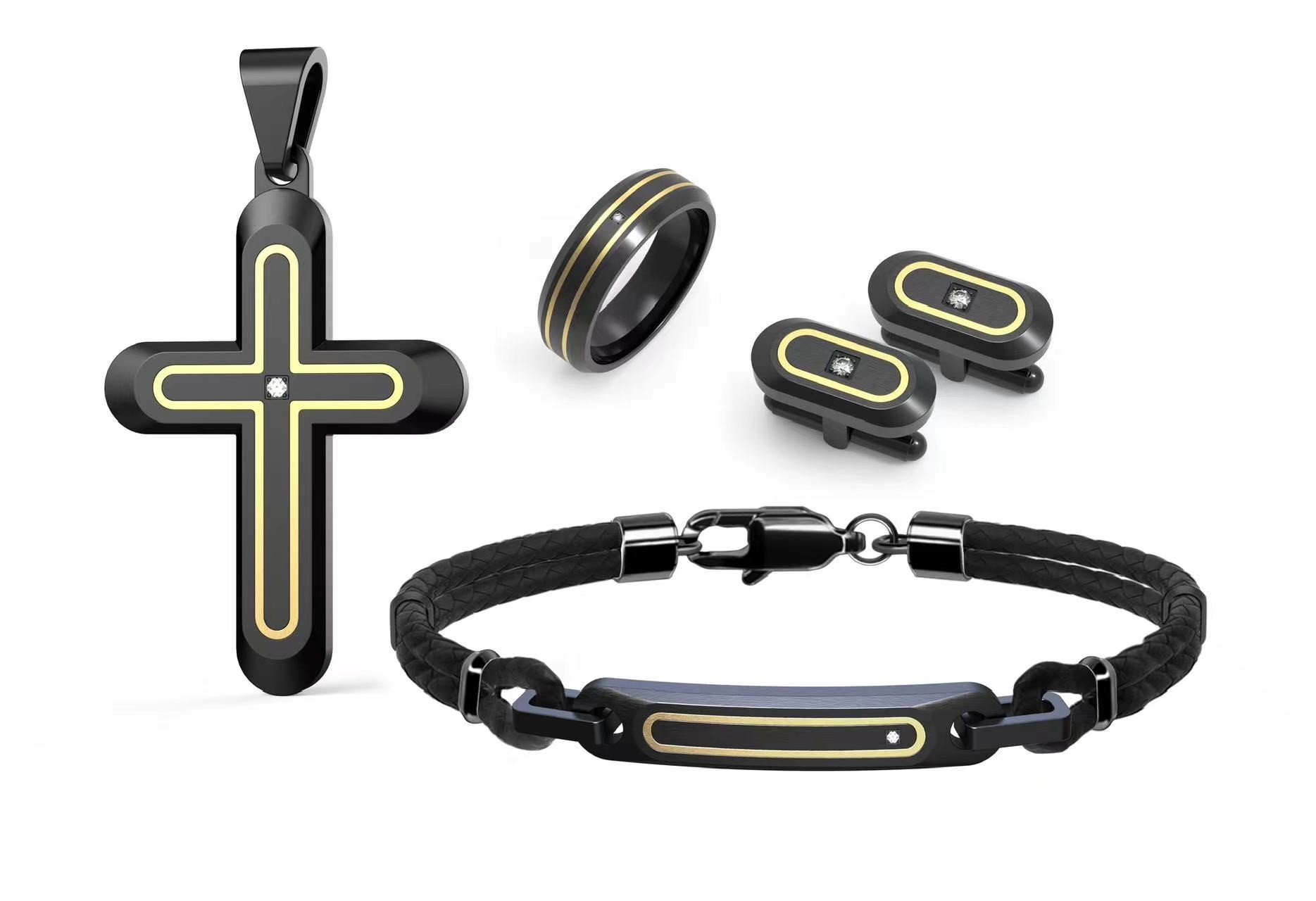 Leather Onyx Stone Stainless Steel Jewelry Sets Men Necklace Earrings And Ring Set