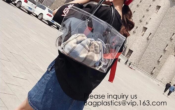 Waterproof All Over Printing PVC Coating Tote Shoulder Fabric Shopping Bag With Gusset And Lining,Jelly Clear Plastic PV