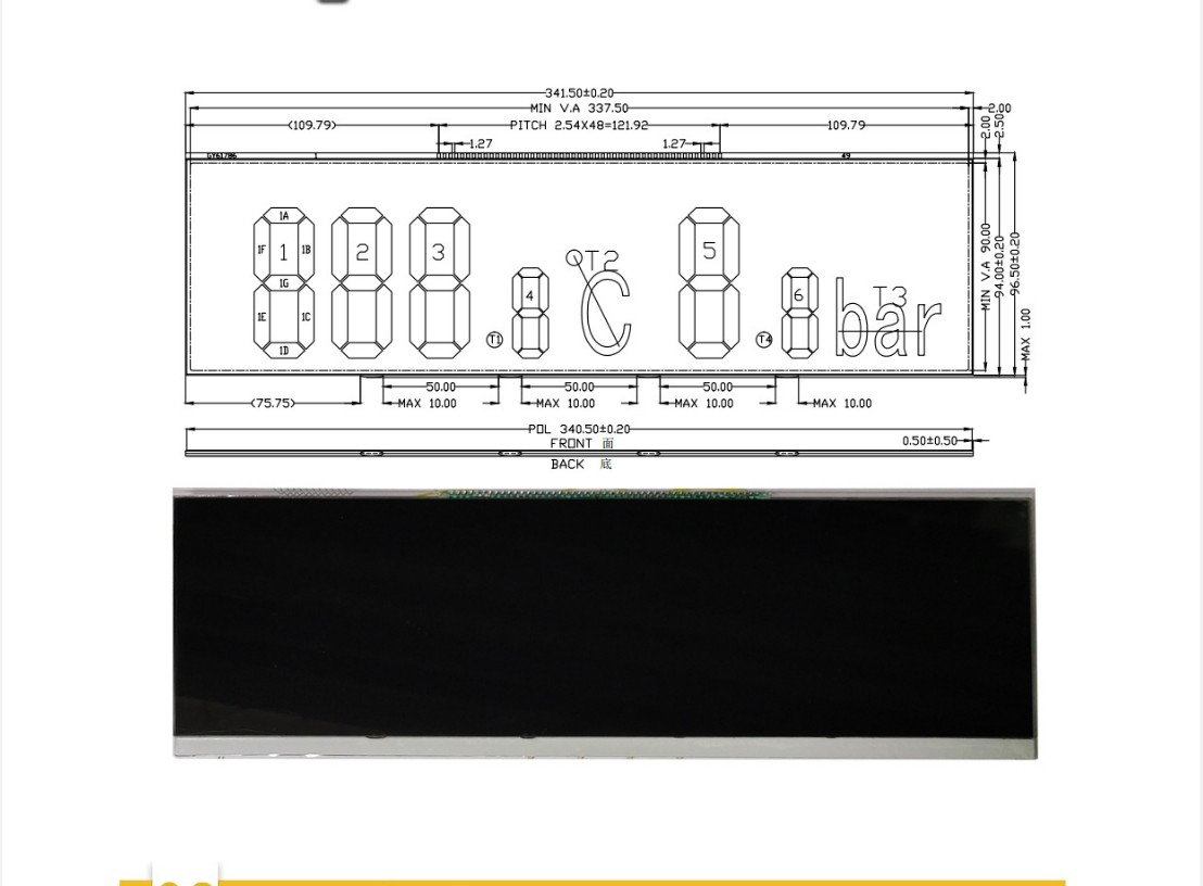 VA / Negative / Transmissive Segment Display 1/1 DUTY 1/1BIAS View Angle 6:00 O'CLOCK