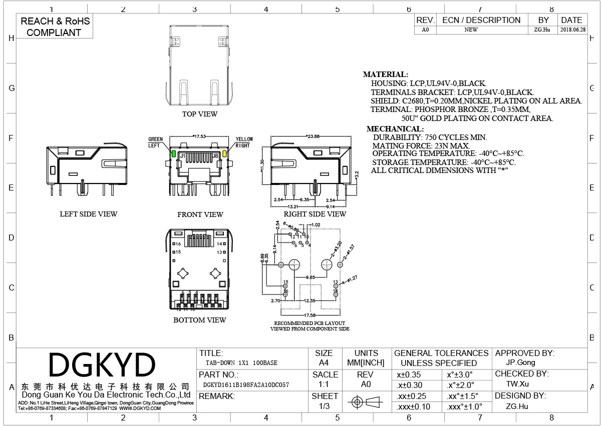 90 Degrees Shielded 6Pin Cat6 RJ45 Single Port Connector Network Socket RJ45 With Transformer
