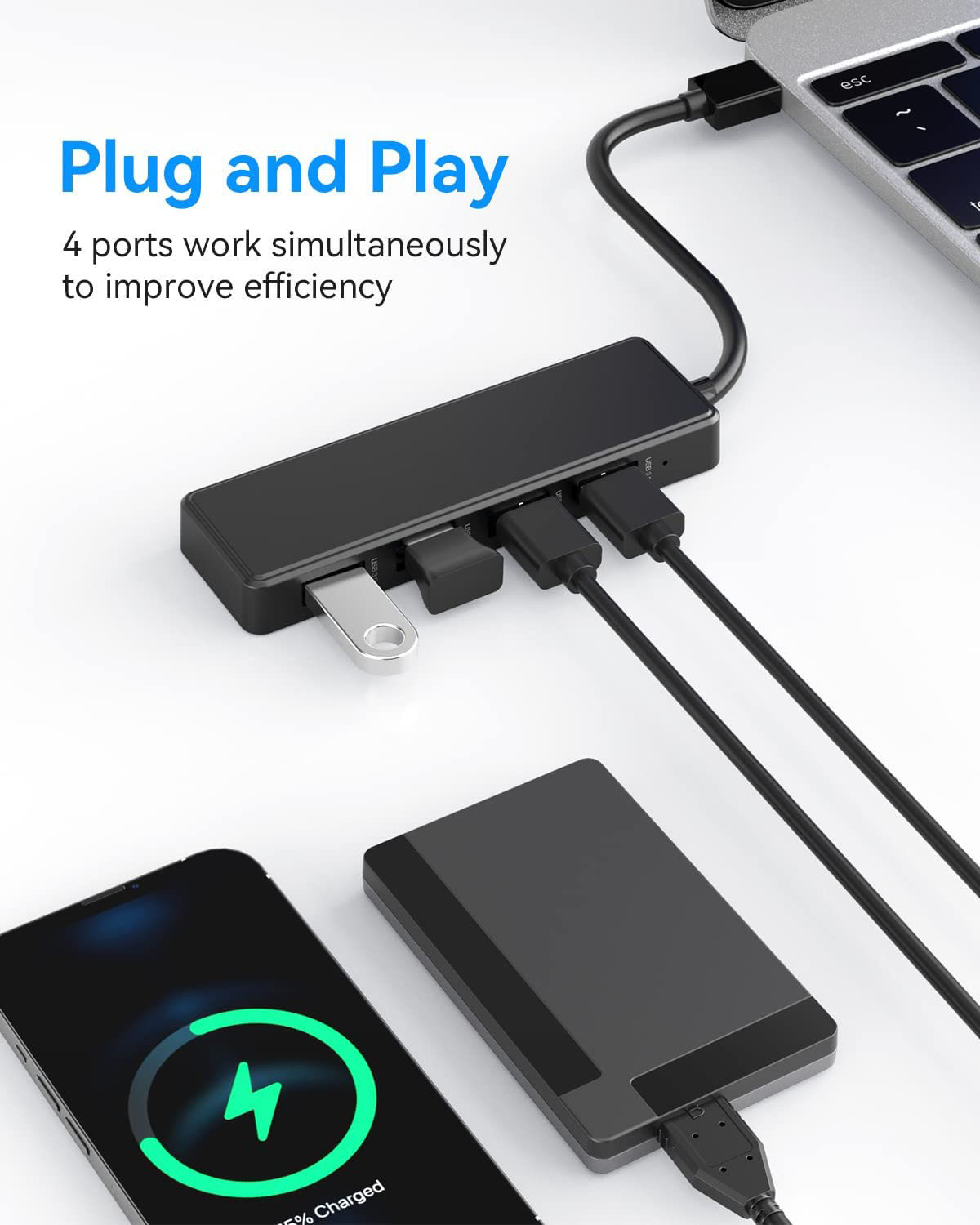 Laptop Usb A Hub Type C Compatibility Black Gray Hub 5Gbps Data Transfer Long Cable Length Power Supply