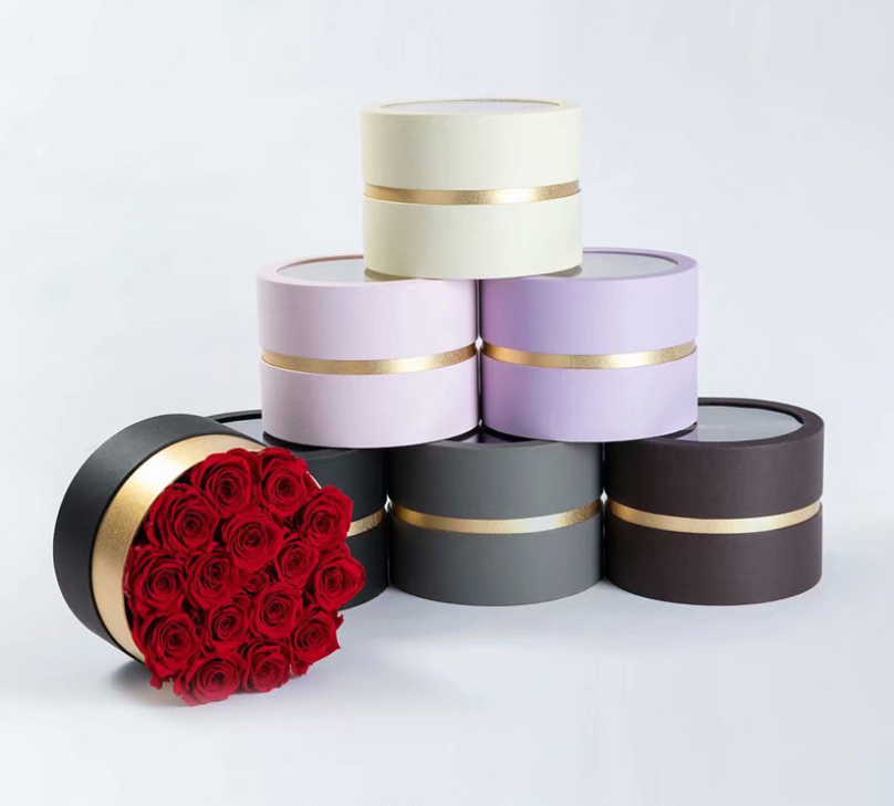 Round Bouquet Corrugated Cardboard Packaging Rose Flower Bucket Boxes Gold Window Opening