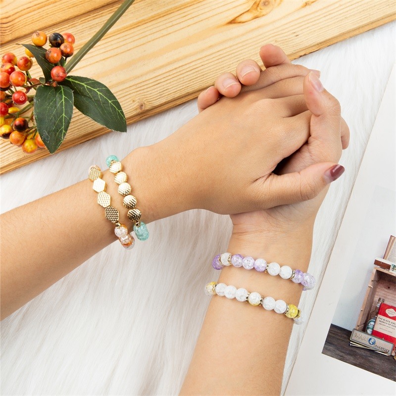 Cracked Ice Pattern Handmade Bead Bracelets Adjustable With Gold Metal