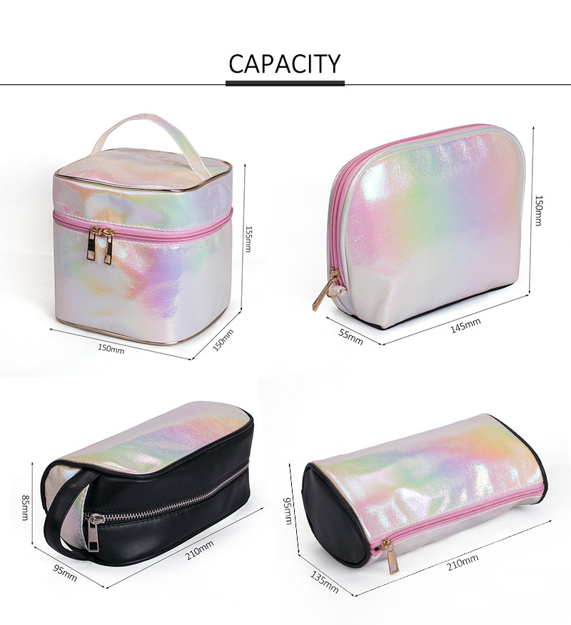 PU Leather Travel Holographic Cosmetic Bag Round Cylinder Bucket