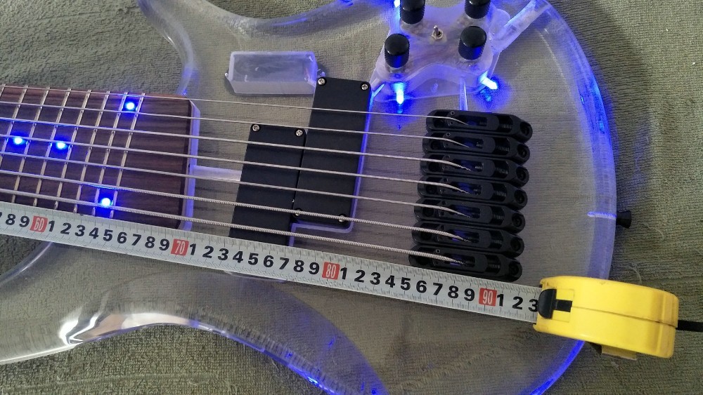 7 Strings Bass Guitar Limited Edition Clear Acrylic Body Rosewood fingerboard inlay Blue LED lamp Electric Bass Guitar