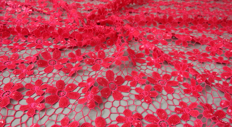 Chemical lace with Red/Pink /Orange Color + Embroidery 3 mm Sequin Lace Fabric