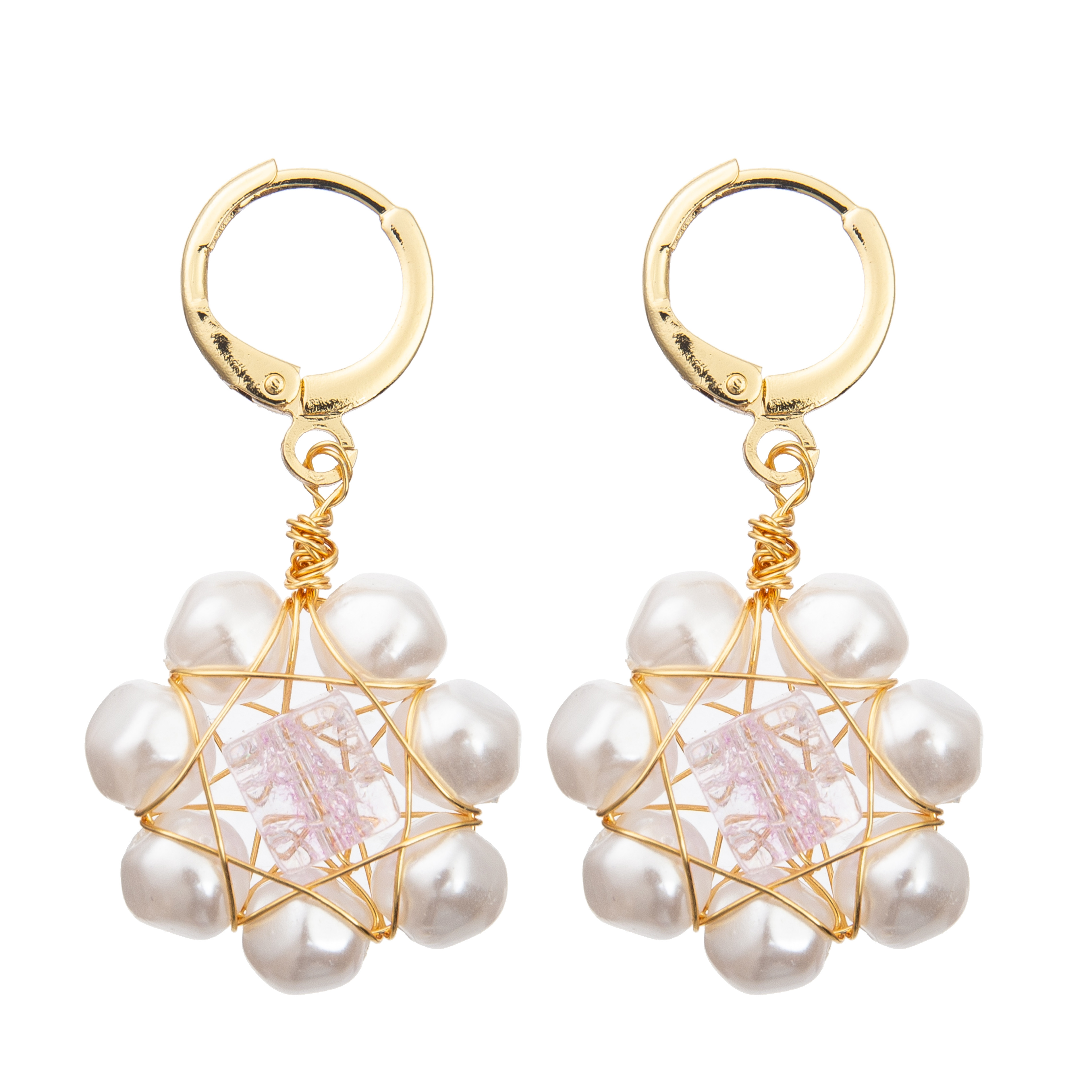 White Flower Red Faceted Glass Beads Freshwater Pearl Earrings Set for Women