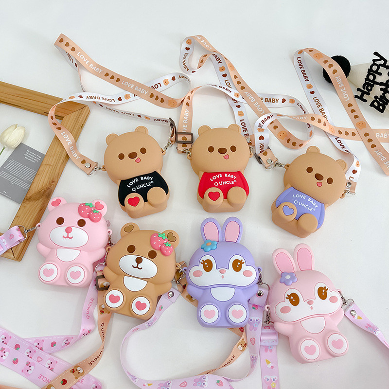 Bear Lightweight Silicone Pencil Case For Durable Stationery Storage Crossbody Shoulder Purse Bag Cute Mini Handbag