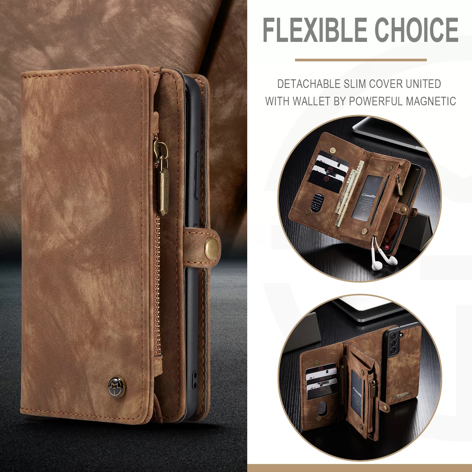Luxurious Leather Zipper Magnetic Wallet Card Mobile Phone Case Samsung S22 Plus