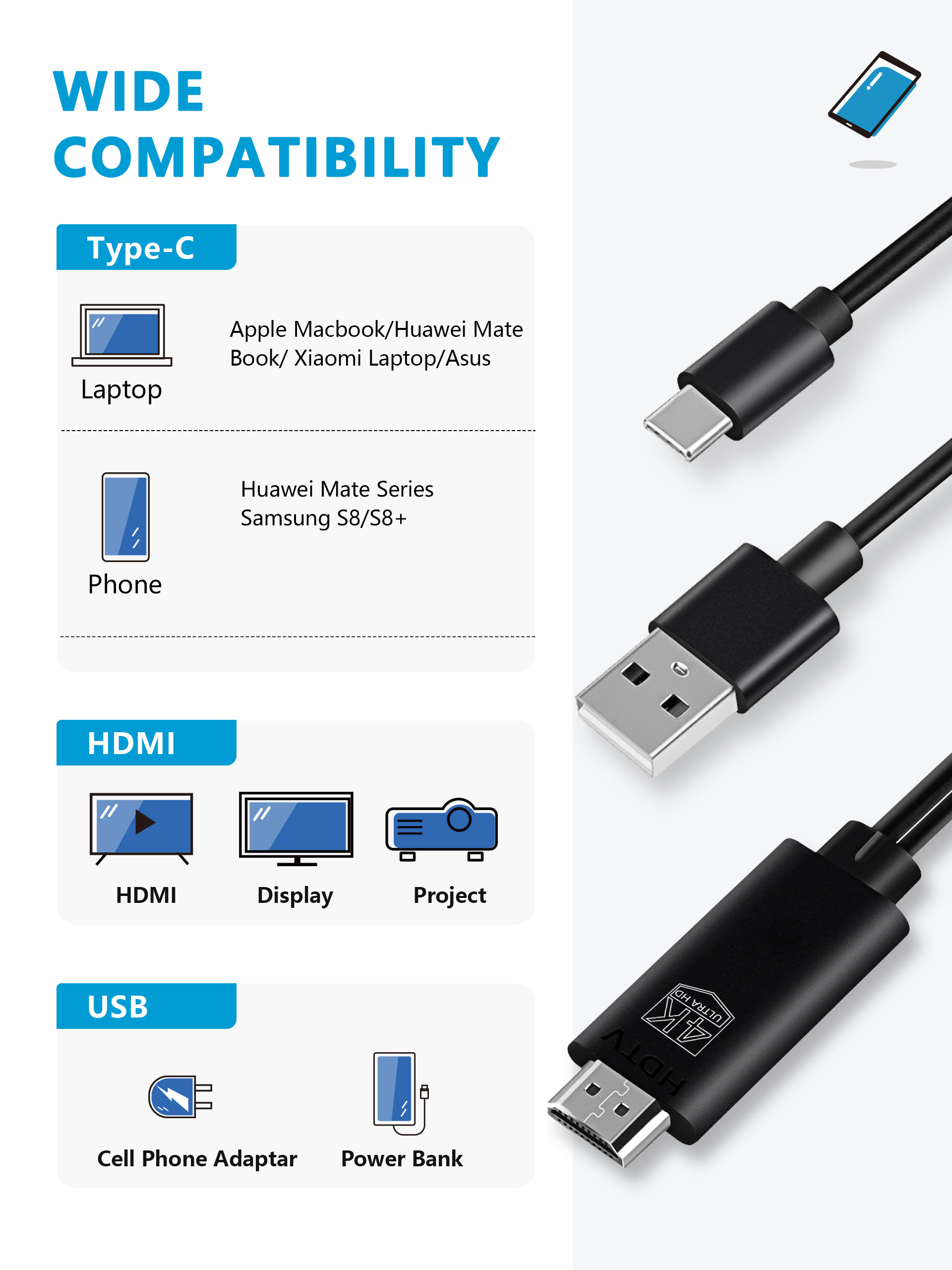 4K 30Hz Type C To HDMI HDTV Cable For Laptop , Nickel Plated 10 Foot HDTV HDMI Cable