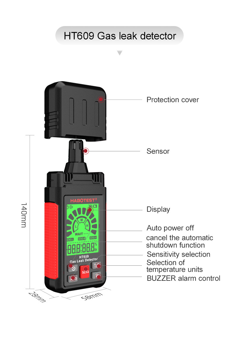 HT609 Gas Leak Detector Combustible Gas Detector Display Temperature Humidity Gas Analyzer Electric Tester Tool